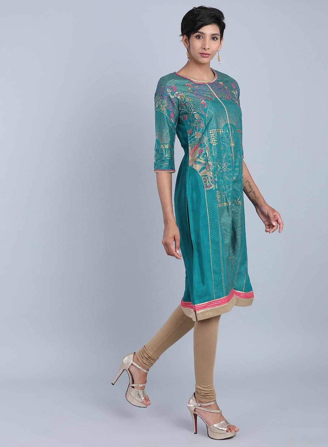 W for Woman Green Round Neck Printed kurta