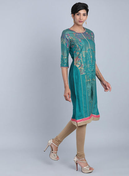 W for Woman Green Round Neck Printed kurta