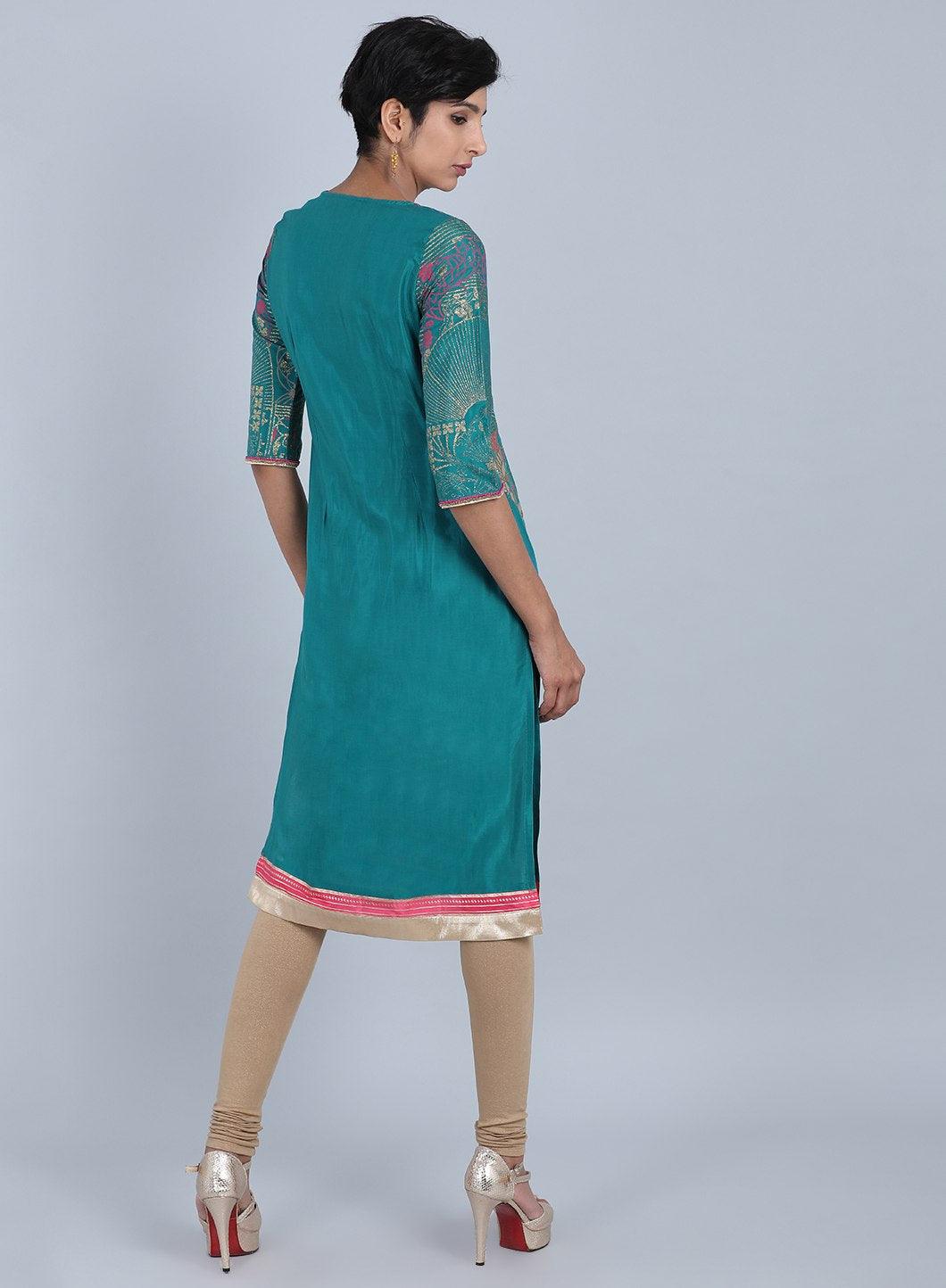 W for Woman Green Round Neck Printed kurta