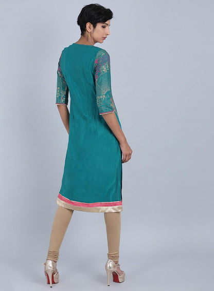 W for Woman Green Round Neck Printed kurta