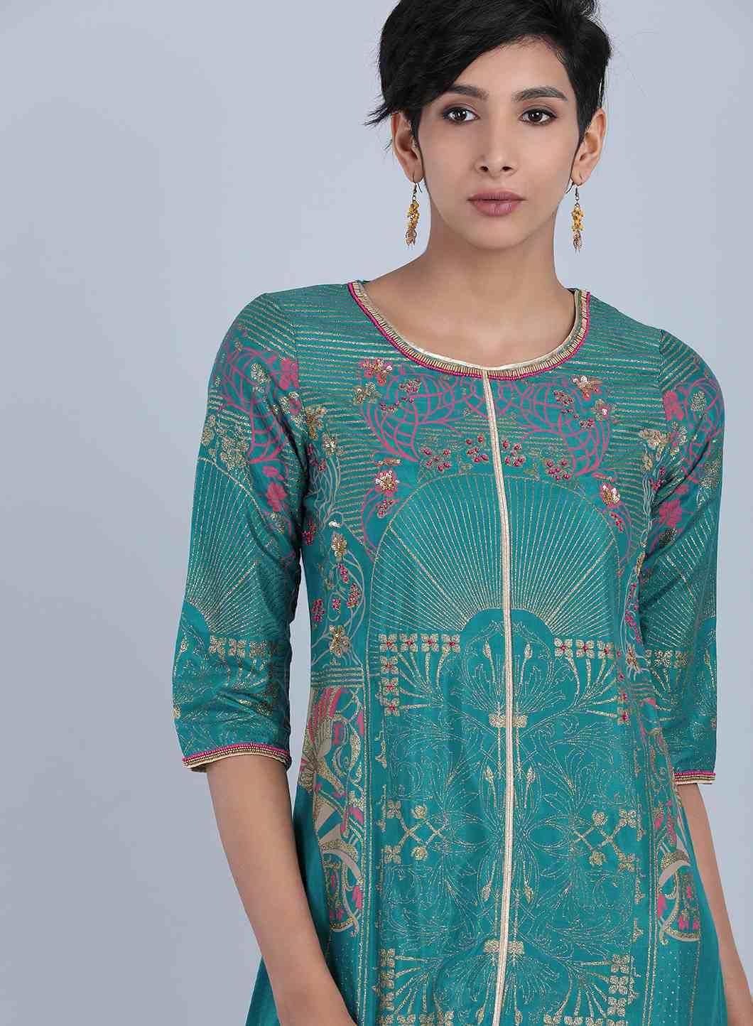 W for Woman Green Round Neck Printed kurta