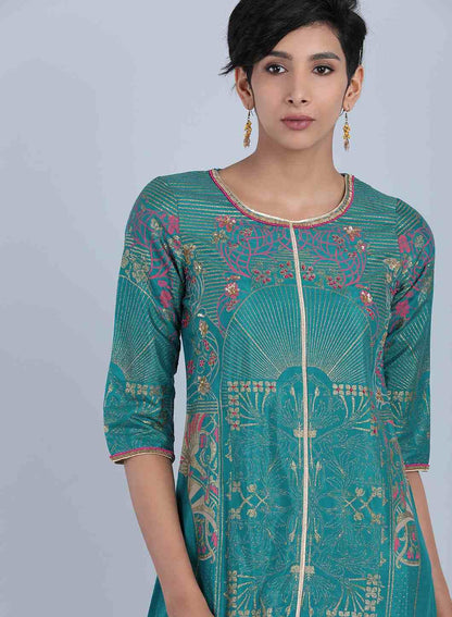 W for Woman Green Round Neck Printed kurta