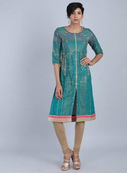 W for Woman Green Round Neck Printed kurta
