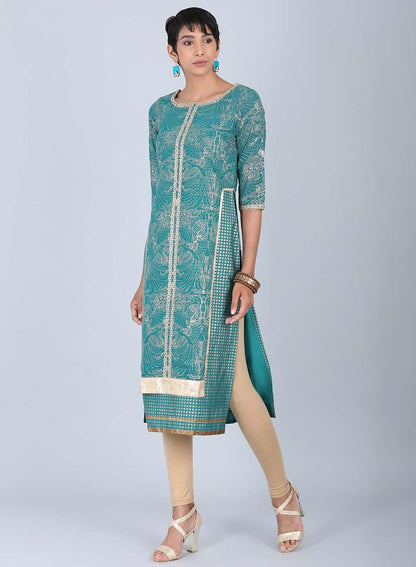W for Woman Green Round Neck Embellished kurta