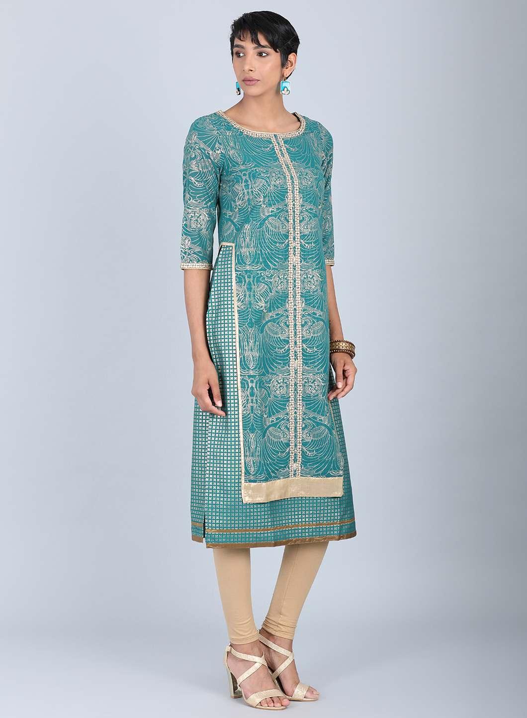 W for Woman Green Round Neck Embellished kurta