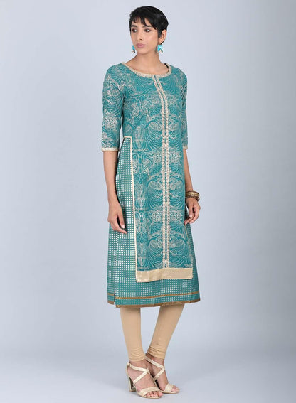 W for Woman Green Round Neck Embellished kurta