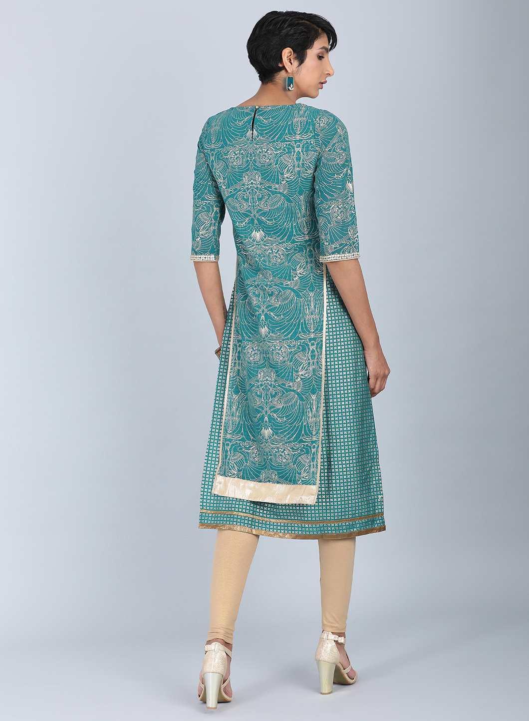 W for Woman Green Round Neck Embellished kurta