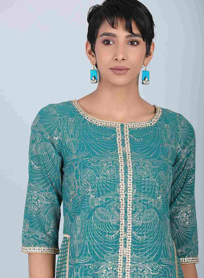W for Woman Green Round Neck Embellished kurta