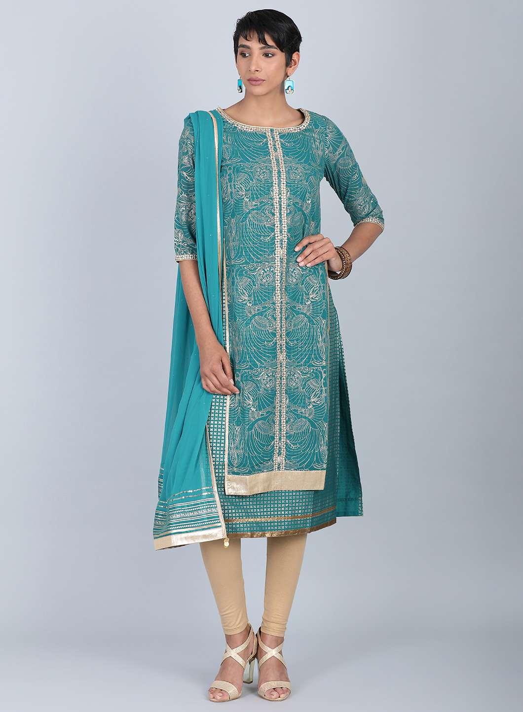 W for Woman Green Round Neck Embellished kurta