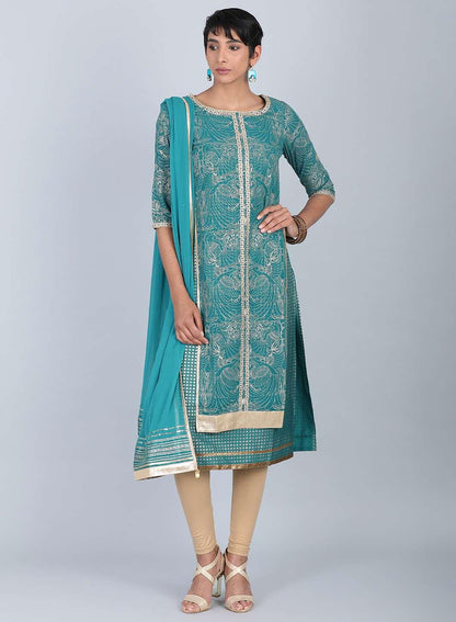 W for Woman Green Round Neck Embellished kurta