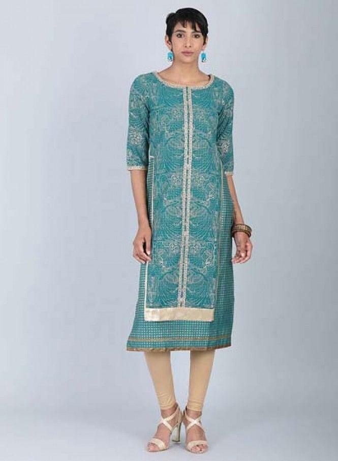 W for Woman Green Round Neck Embellished kurta