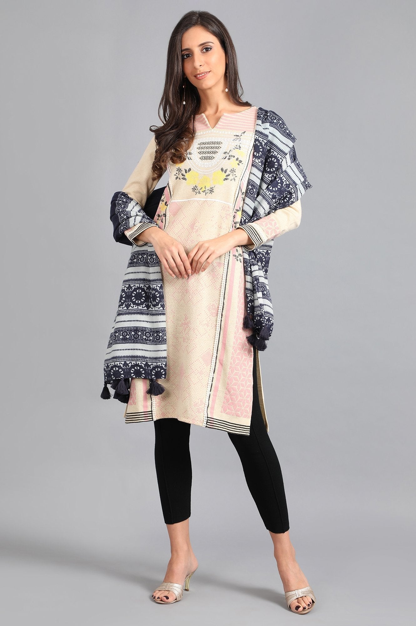 W for Woman White Round Neck Printed Winter kurta