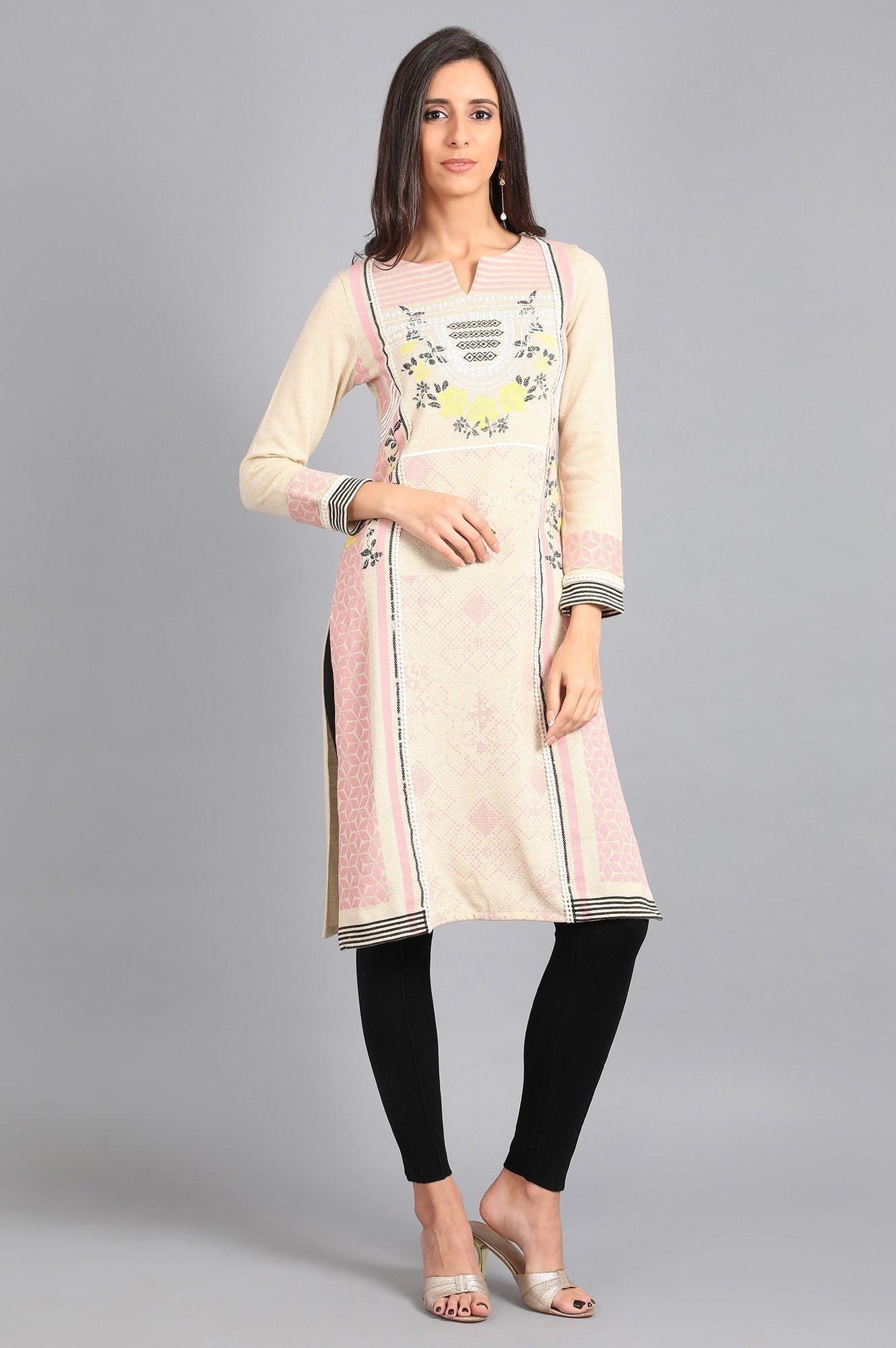 W for Woman White Round Neck Printed Winter kurta