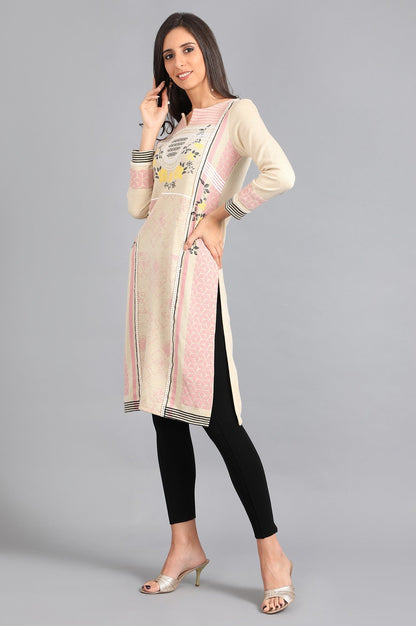 W for Woman White Round Neck Printed Winter kurta