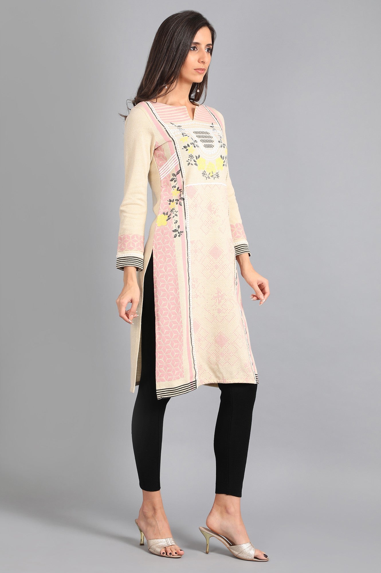 W for Woman White Round Neck Printed Winter kurta