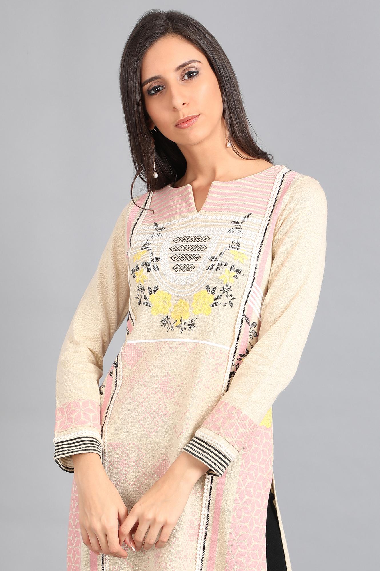 W for Woman White Round Neck Printed Winter kurta