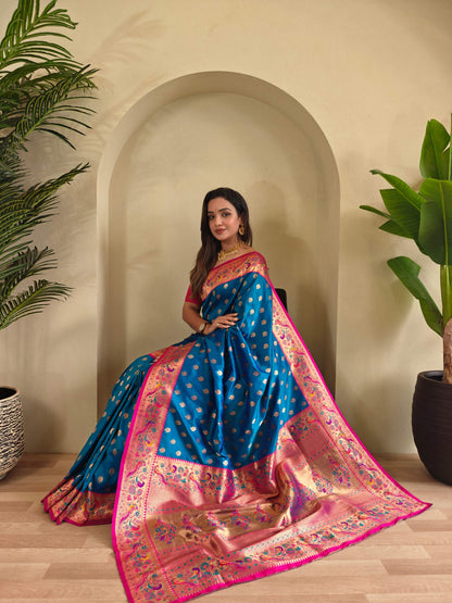 Mameraa Sarees Paithani Silk Blend Weaving Saree With Contrast Blouse-Teal Blue