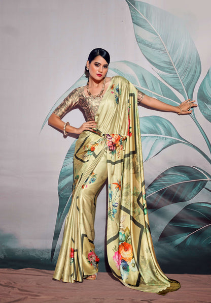 Anaita Green Pure Satin Silk With Zari Weaving Saree With Blouse