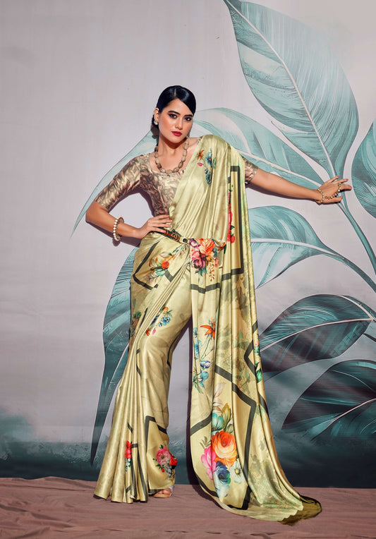 Anaita Green Pure Satin Silk With Zari Weaving Saree With Blouse