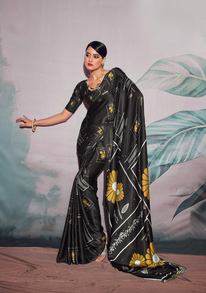 Anaita Black Pure Satin Silk With Zari Weaving Saree With Blouse