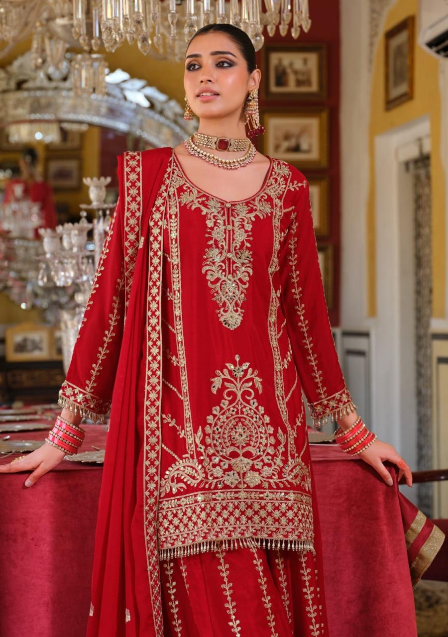 Anaita Red Chinon Stitched Suit With Embroidery Work