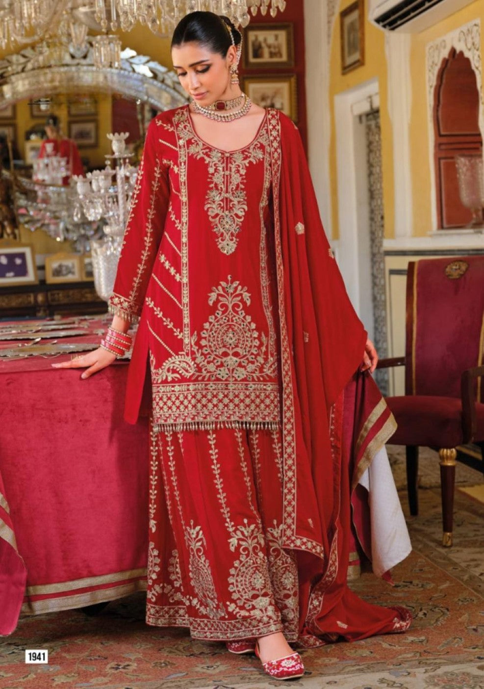 Anaita Red Chinon Stitched Suit With Embroidery Work