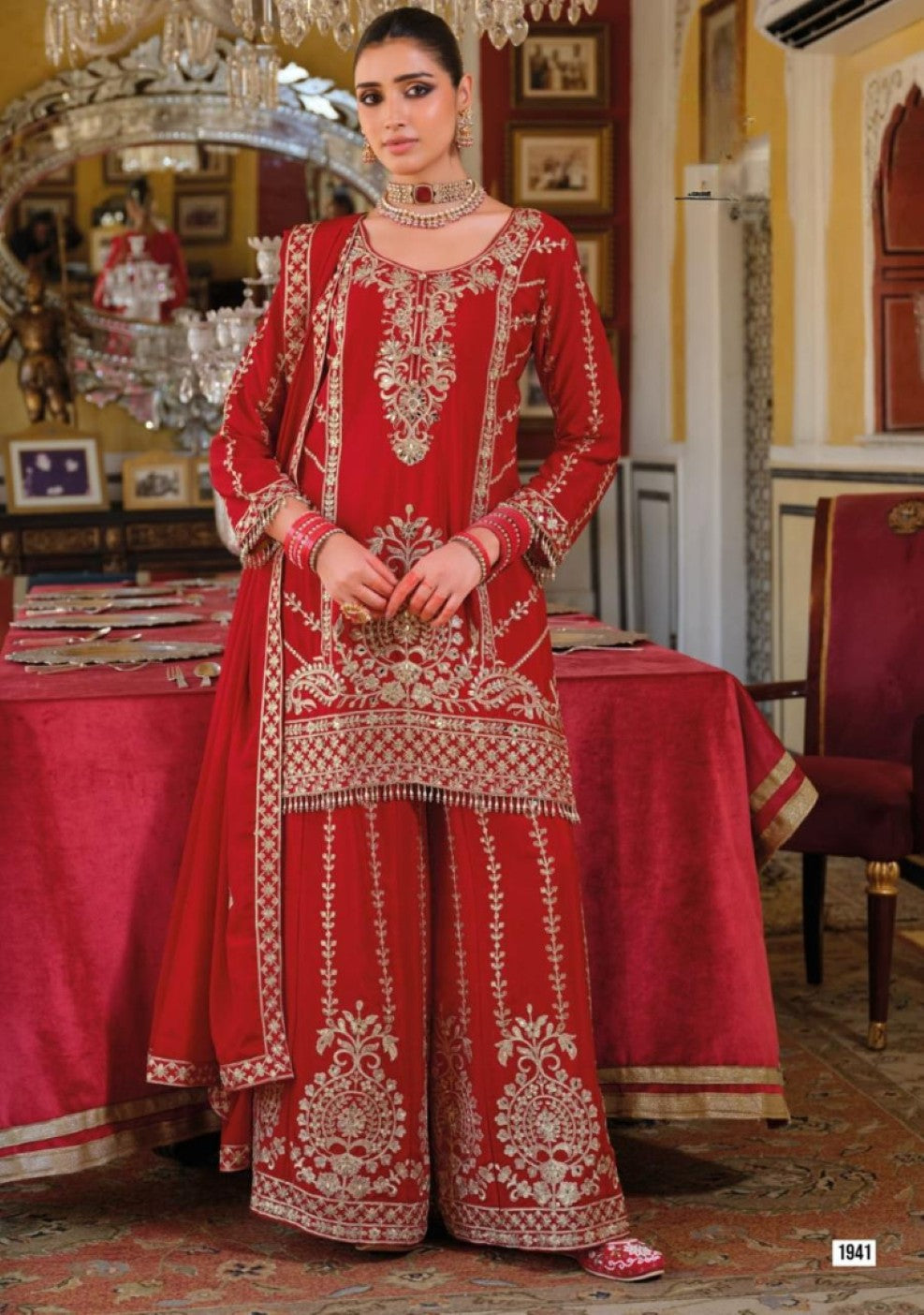 Anaita Red Chinon Stitched Suit With Embroidery Work