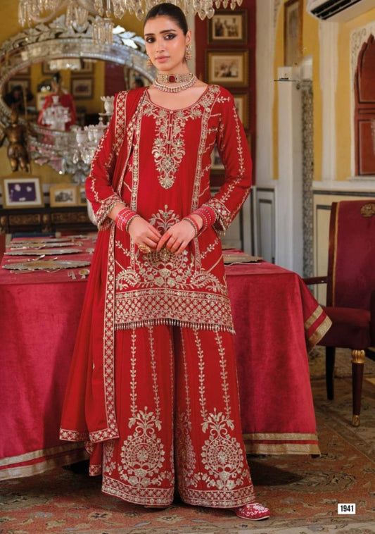 Anaita Red Chinon Stitched Suit With Embroidery Work