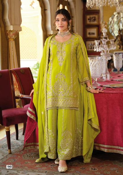 Anaita Green Chinon Stitched Suit With Embroidery Work