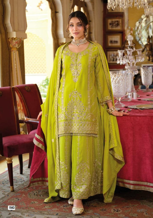 Anaita Green Chinon Stitched Suit With Embroidery Work
