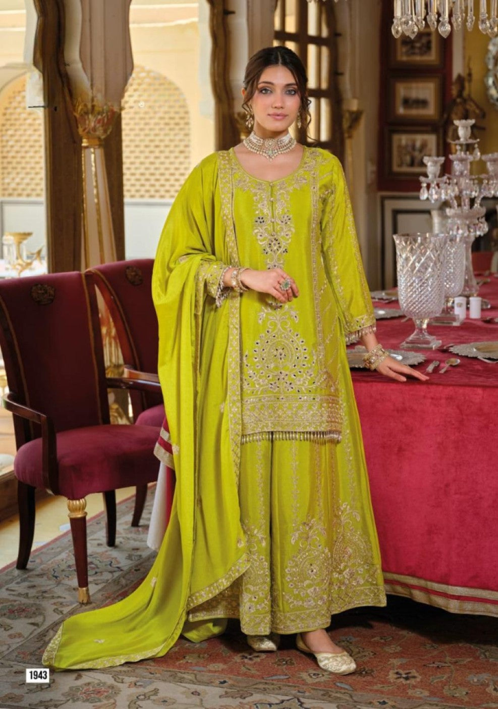 Anaita Green Chinon Stitched Suit With Embroidery Work
