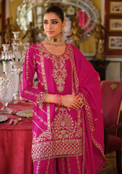 Anaita Magenta Chinon Stitched Suit With Embroidery Work