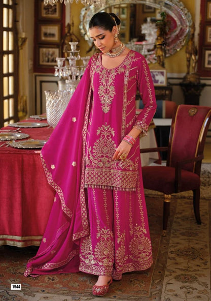 Anaita Magenta Chinon Stitched Suit With Embroidery Work