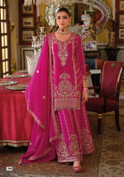 Anaita Magenta Chinon Stitched Suit With Embroidery Work