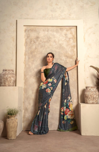 Anaita Black Soft Satin Silk With Zari Weaving Saree With Blouse