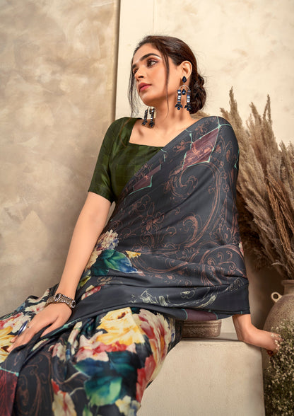 Anaita Black Soft Satin Silk With Zari Weaving Saree With Blouse