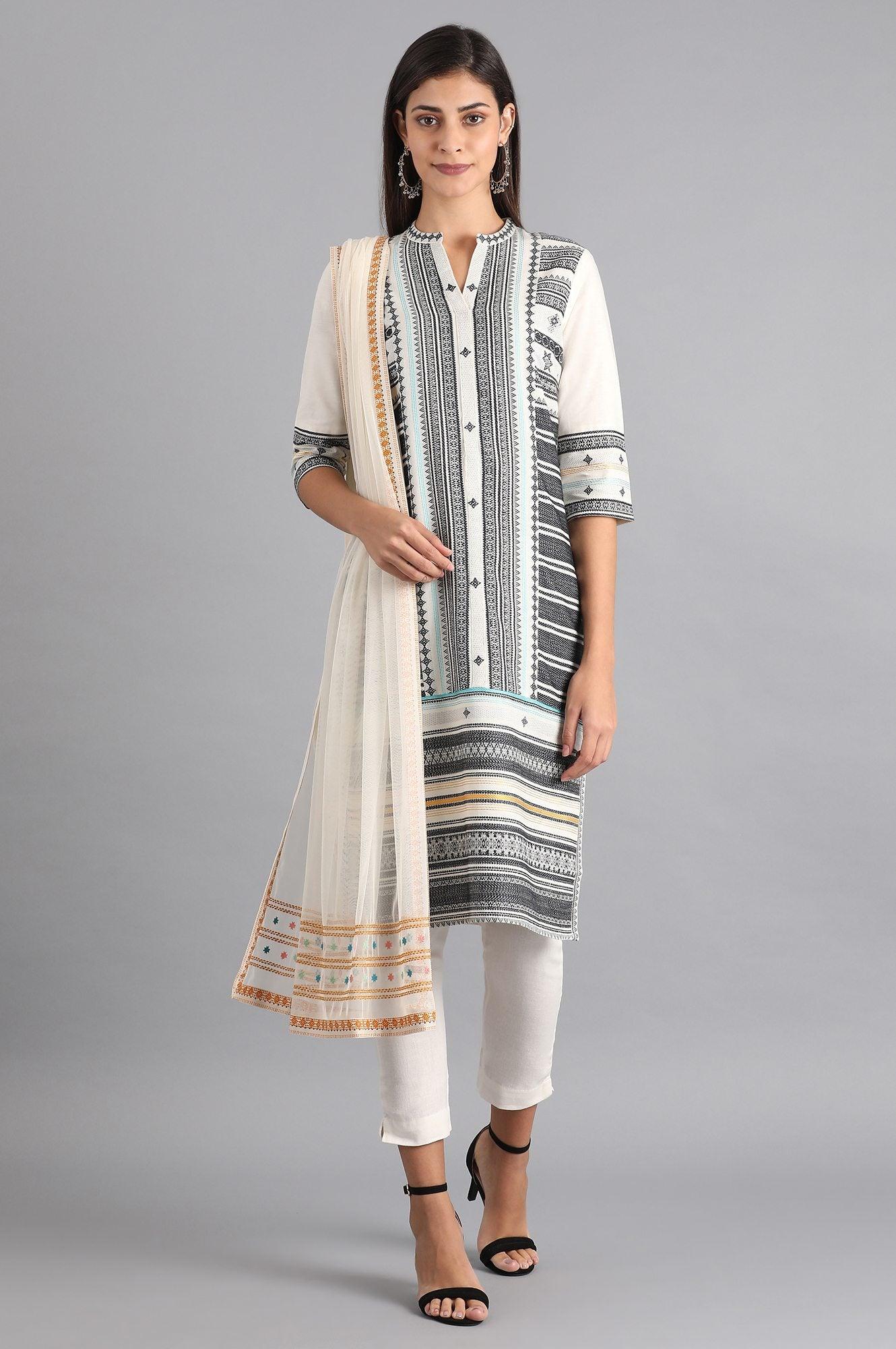 W for Woman White & Grey Dobby kurta
