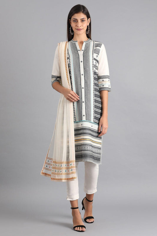 W for Woman White & Grey Dobby kurta