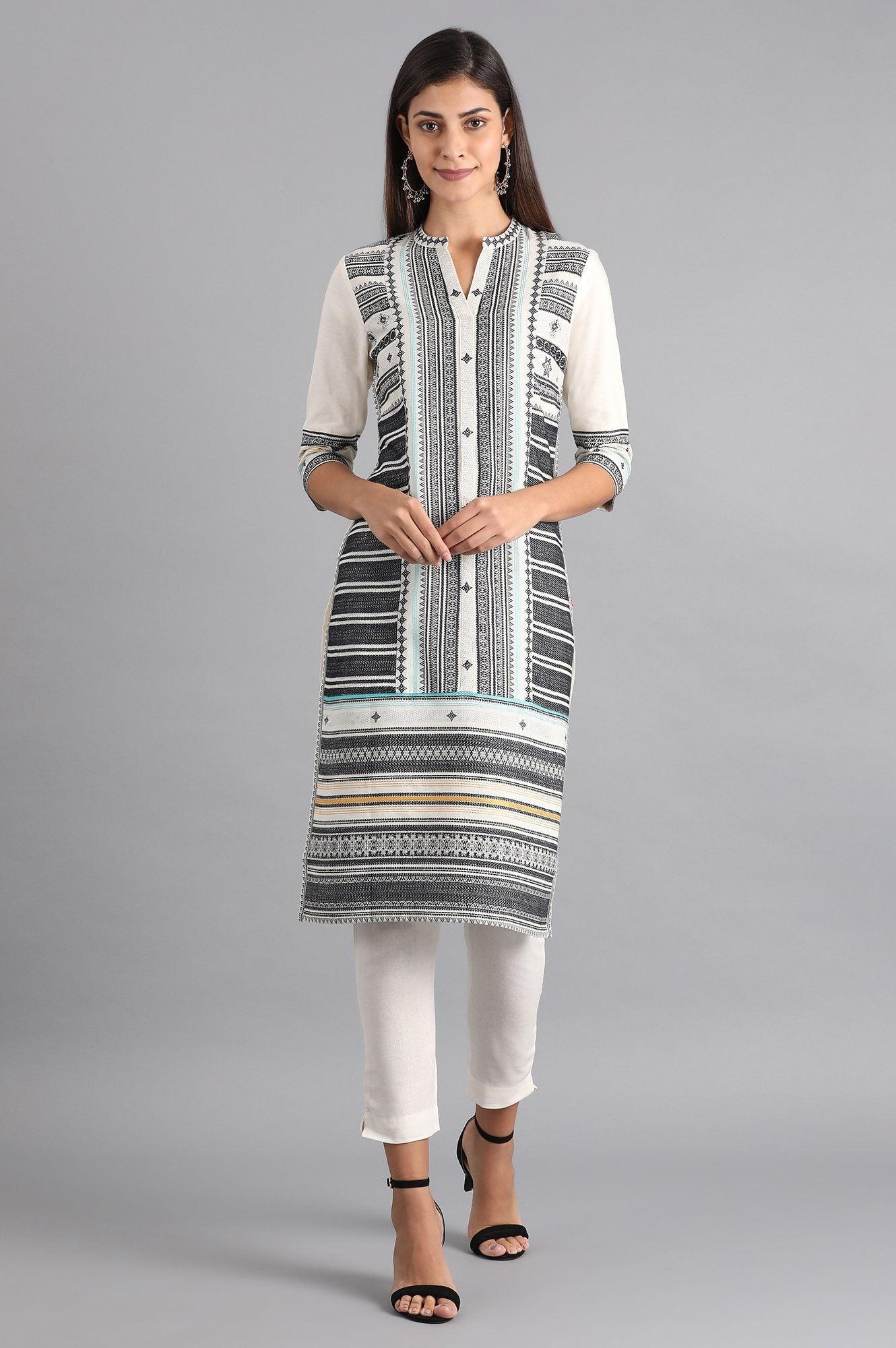 W for Woman White & Grey Dobby kurta