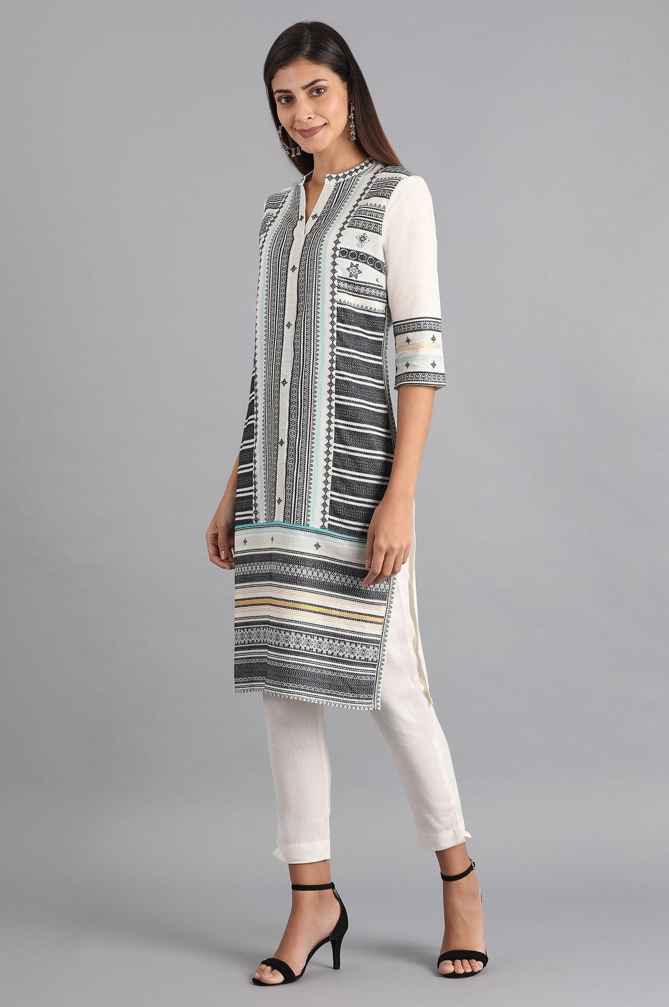 W for Woman White & Grey Dobby kurta