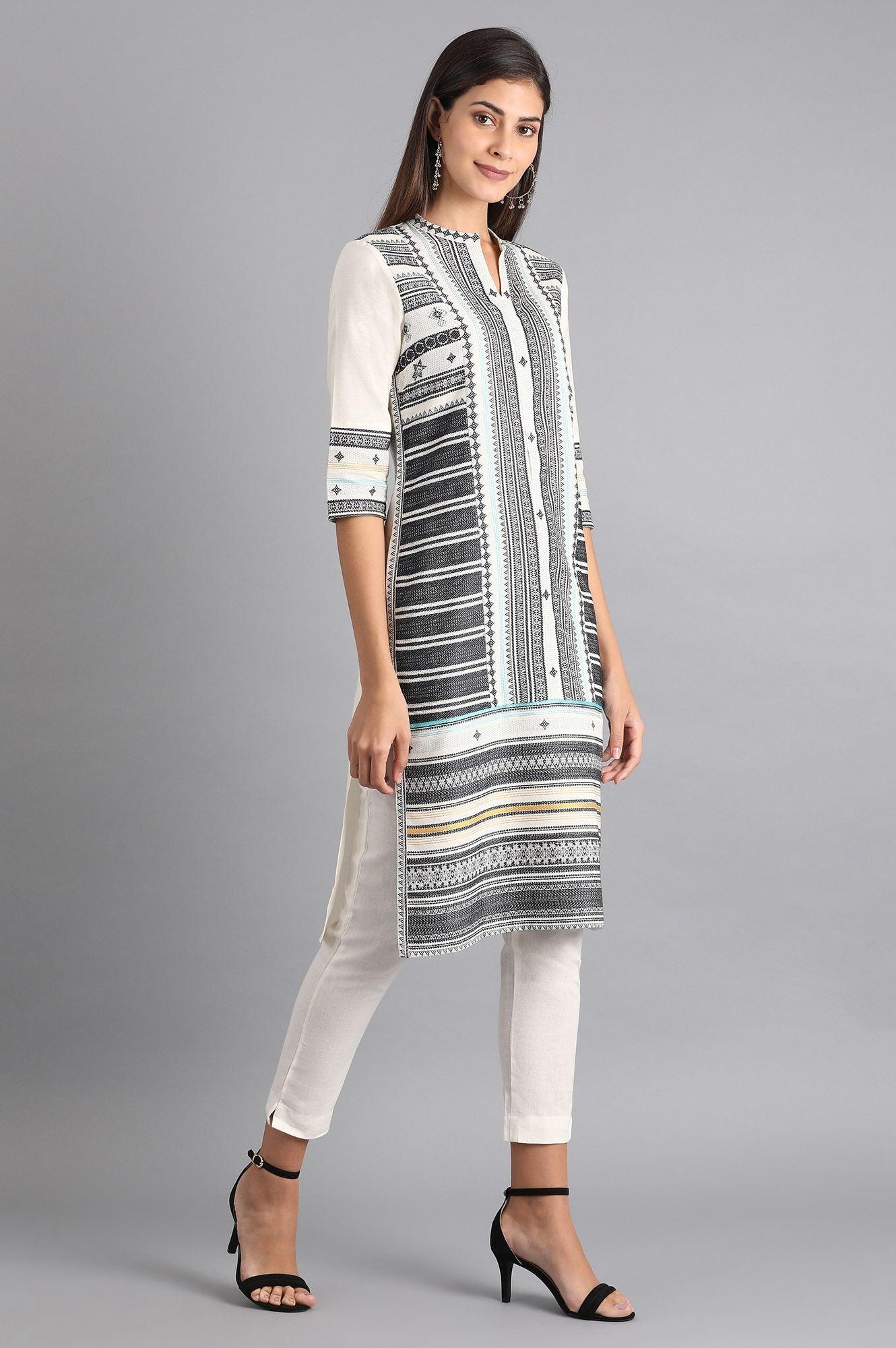 W for Woman White & Grey Dobby kurta