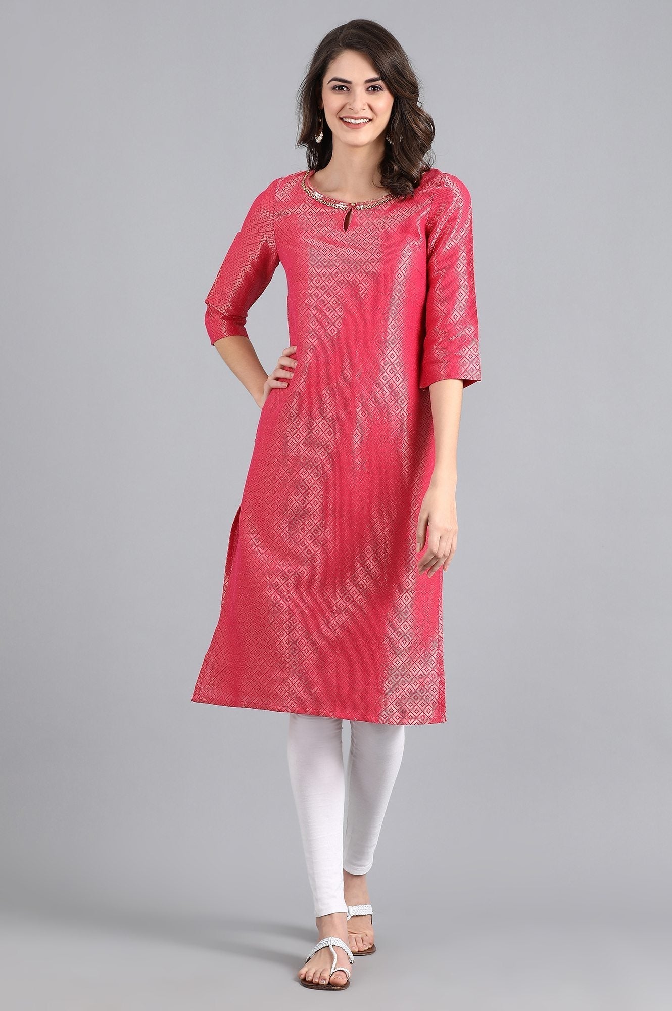 W for Woman Pink Round Neck Jacquard kurta