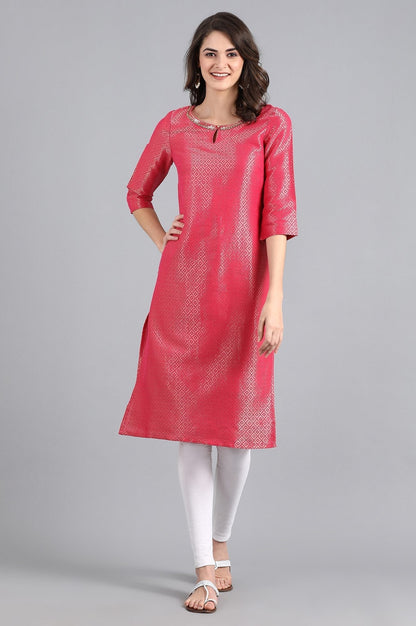 W for Woman Pink Round Neck Jacquard kurta