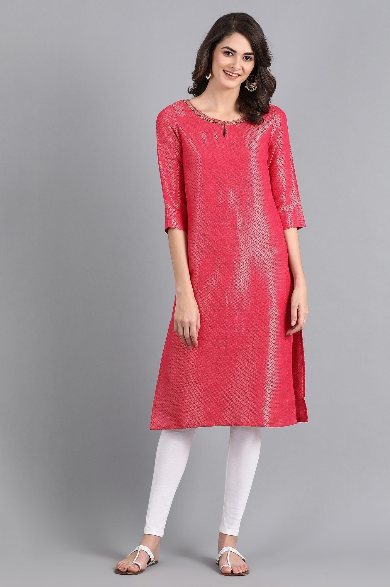 W for Woman Pink Round Neck Jacquard kurta