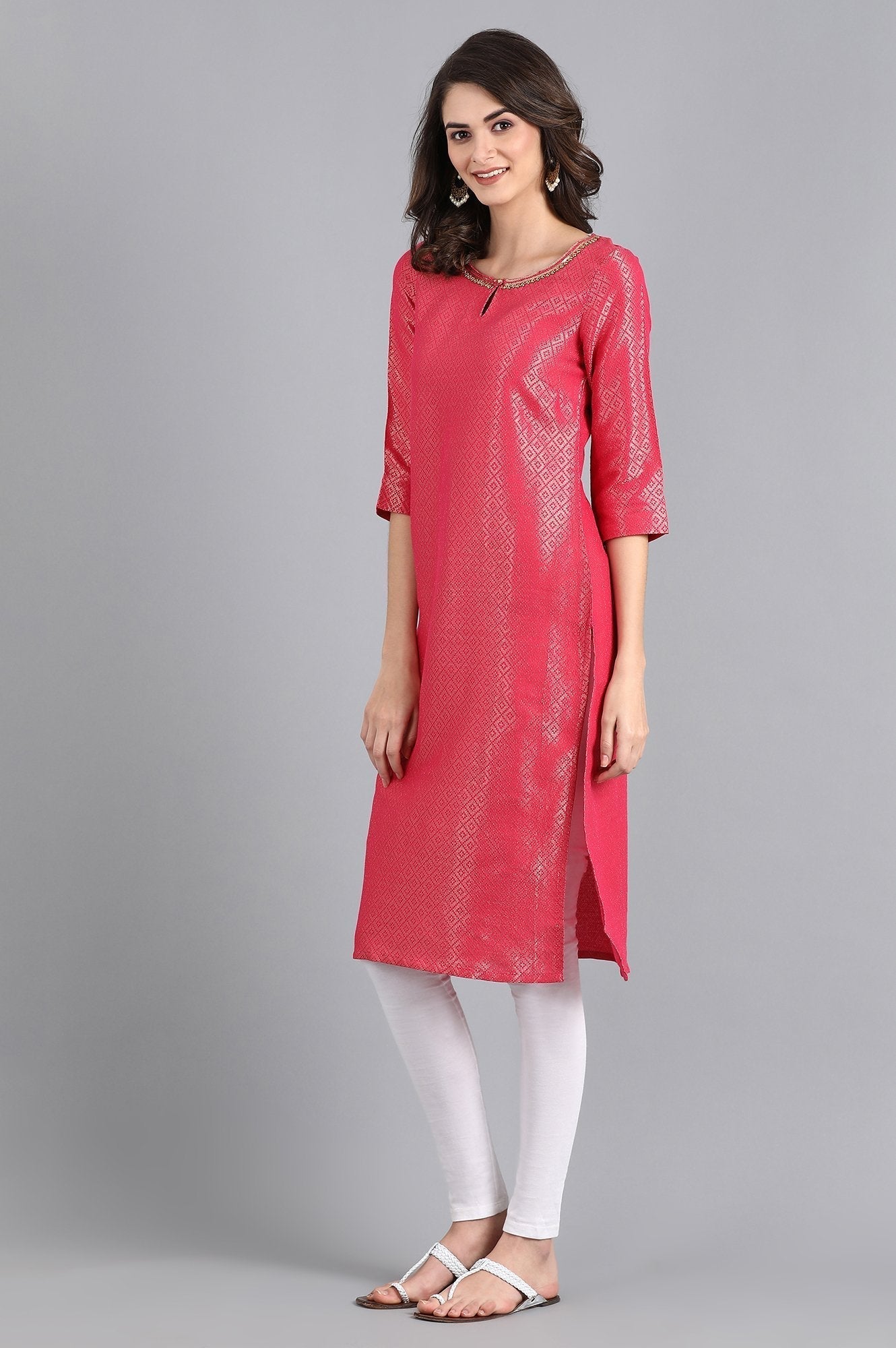 W for Woman Pink Round Neck Jacquard kurta