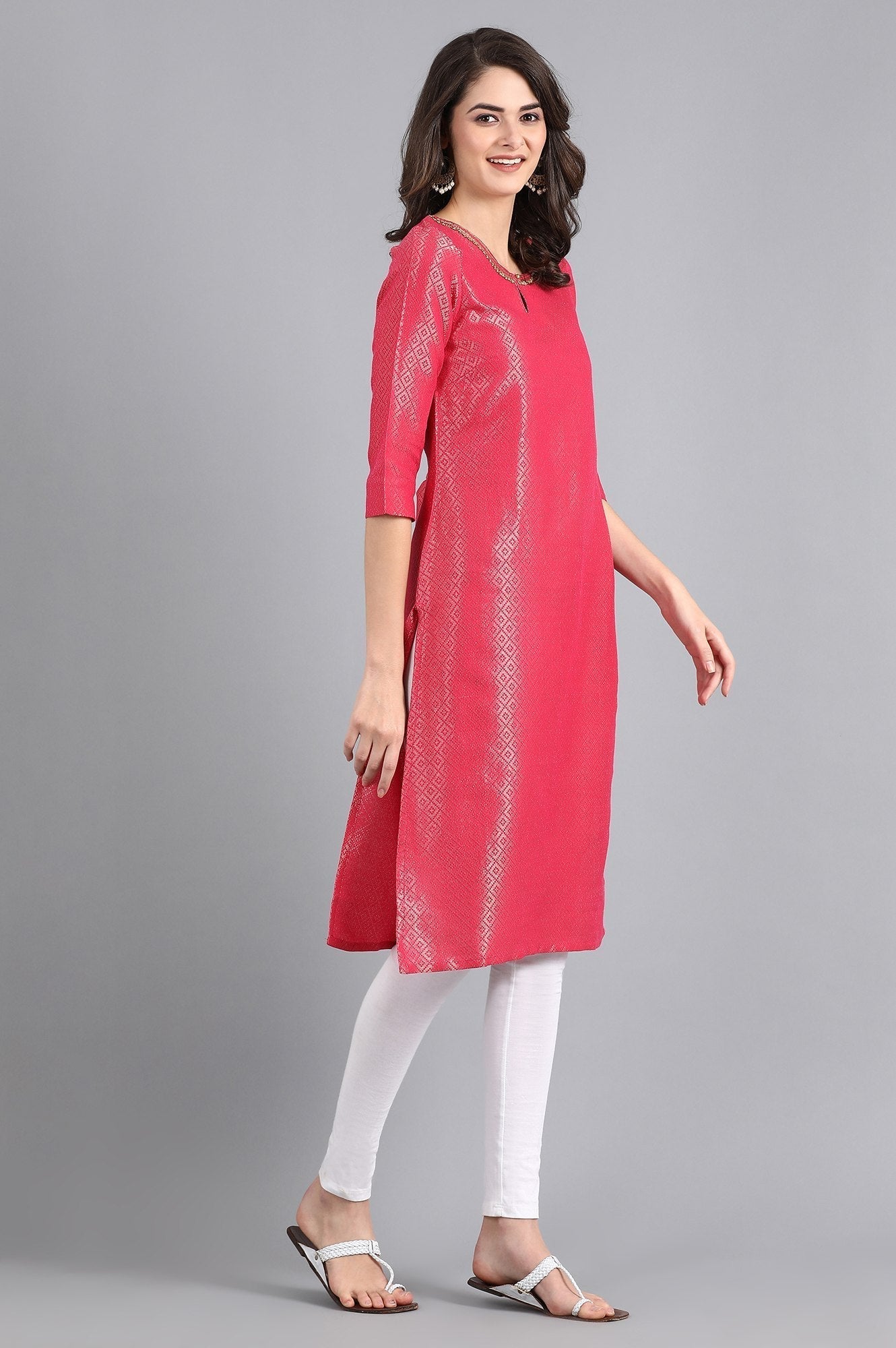 W for Woman Pink Round Neck Jacquard kurta
