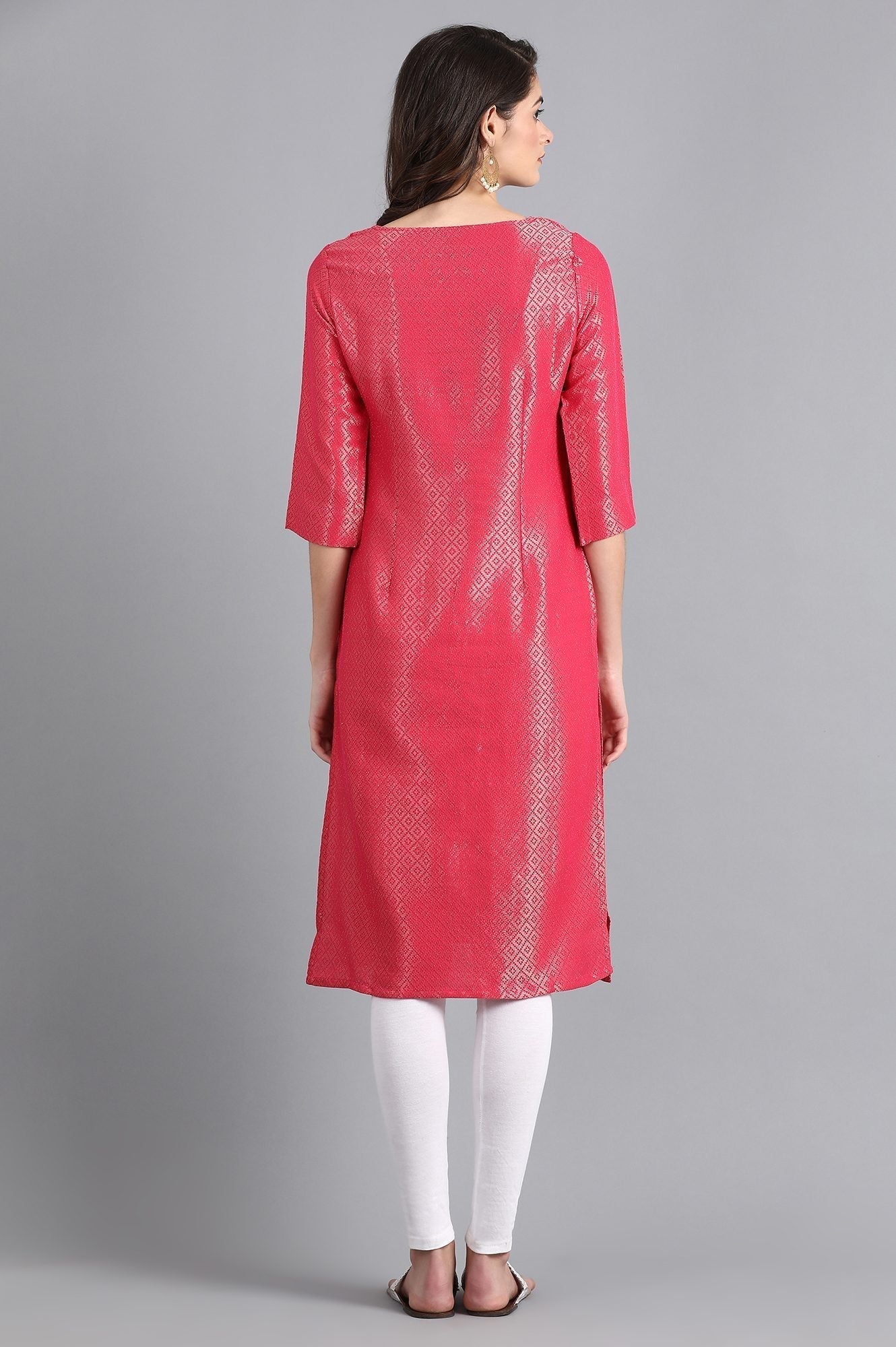 W for Woman Pink Round Neck Jacquard kurta