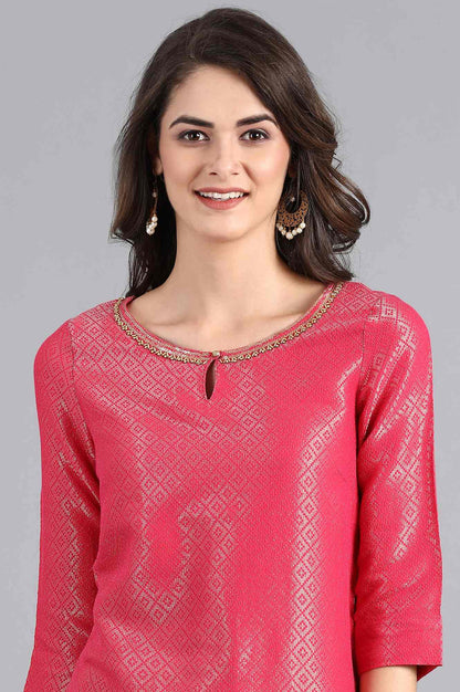 W for Woman Pink Round Neck Jacquard kurta