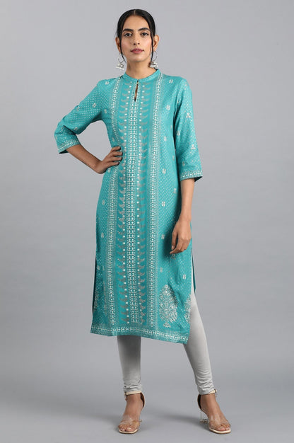 W for Woman Blue Glitter Print kurta in Keyhole Neckline