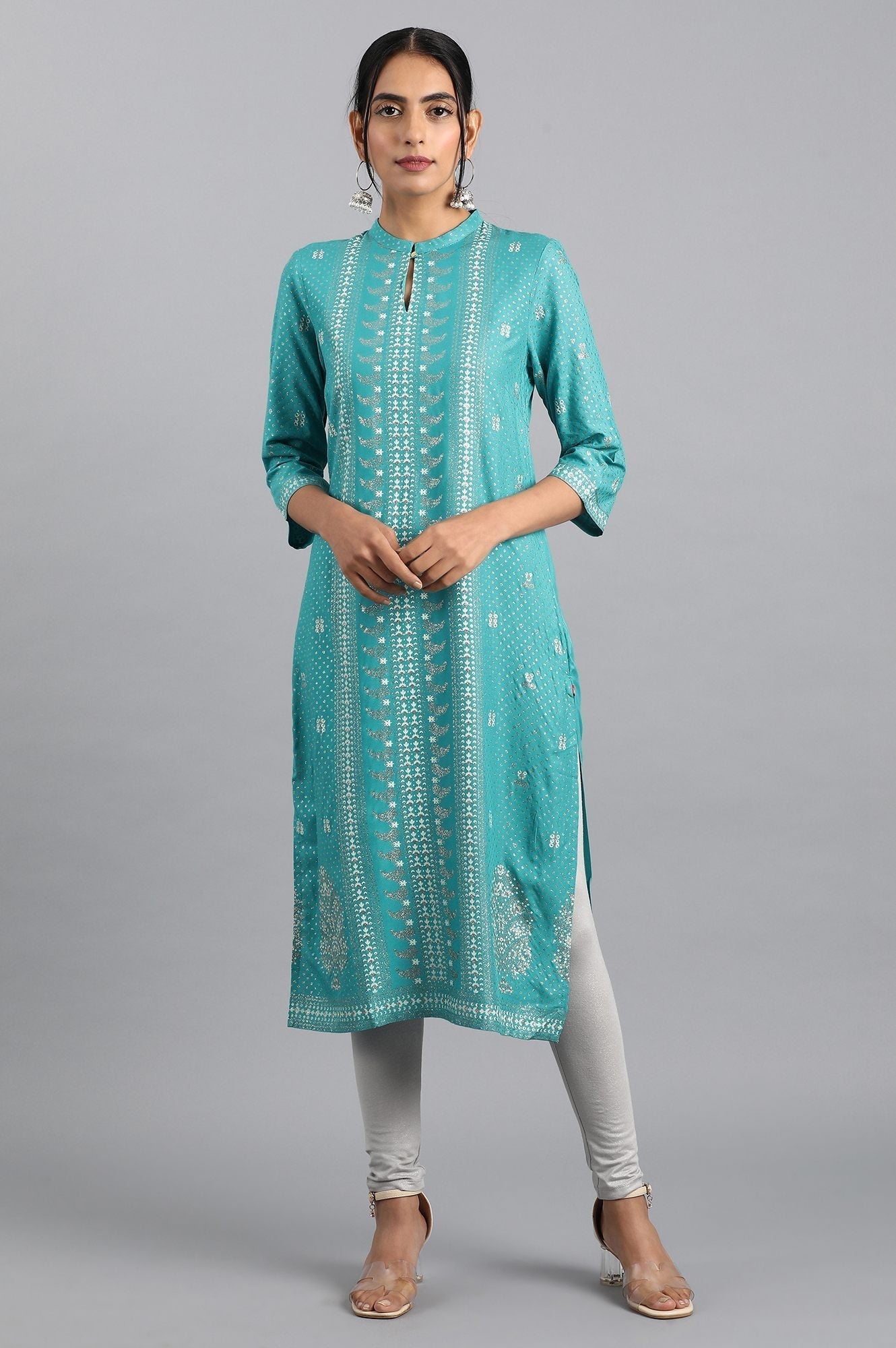 W for Woman Blue Glitter Print kurta in Keyhole Neckline